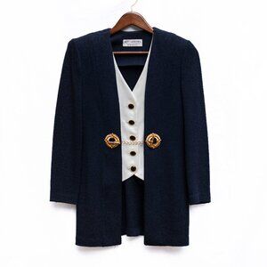 St. John Santana Knit Navy Blazer w/ Faux Vest & Gold Buckles Size 4 Vintage USA